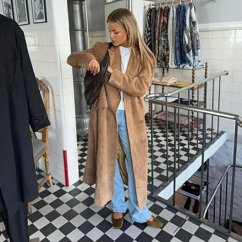 Veste en peluche à col à revers pour femme manches longues et double boutonnage