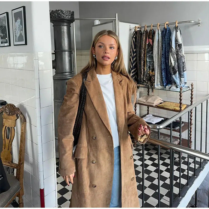 Veste en peluche à col à revers pour femme manches longues et double boutonnage