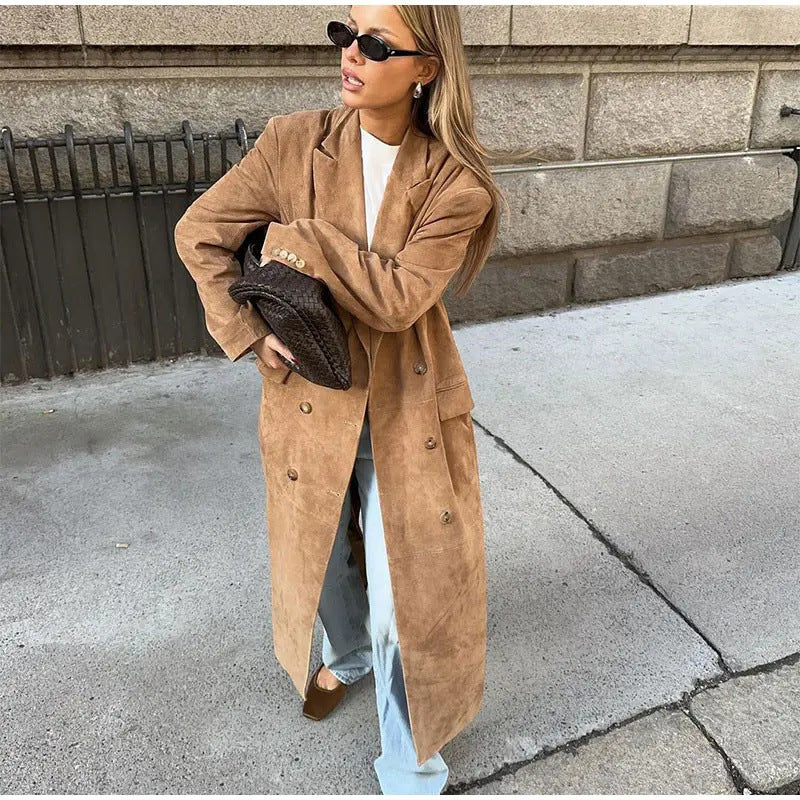 Veste en peluche à col à revers pour femme manches longues et double boutonnage