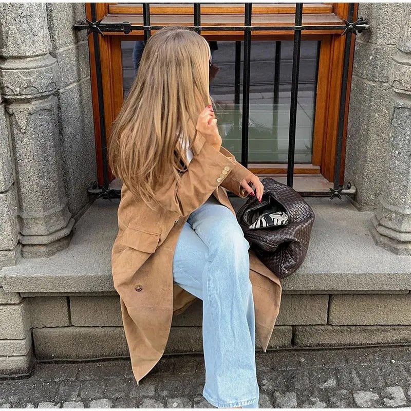 Veste en peluche à col à revers pour femme manches longues et double boutonnage
