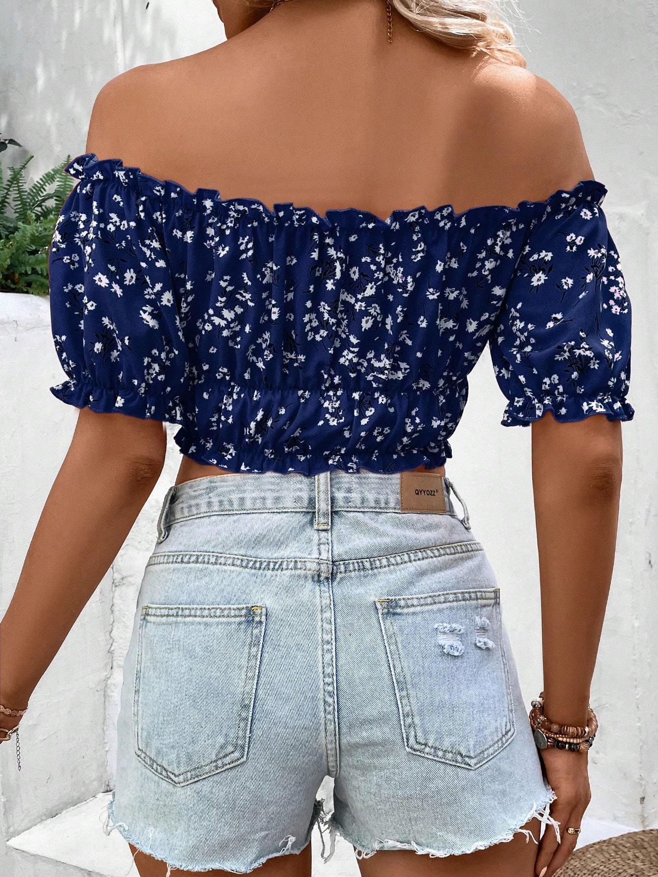 Haut court imprimé floral décontracté pour femme