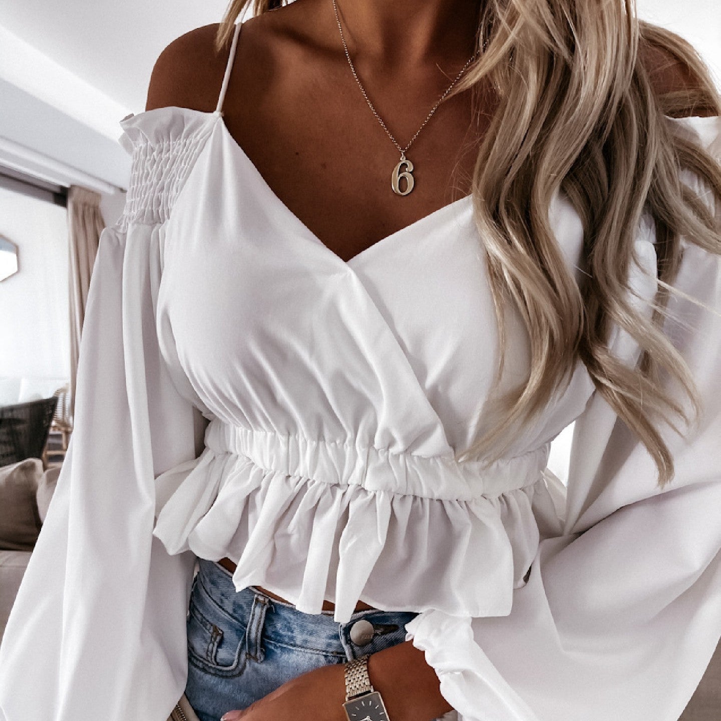 Haut élégant taille haute bretelle croisées