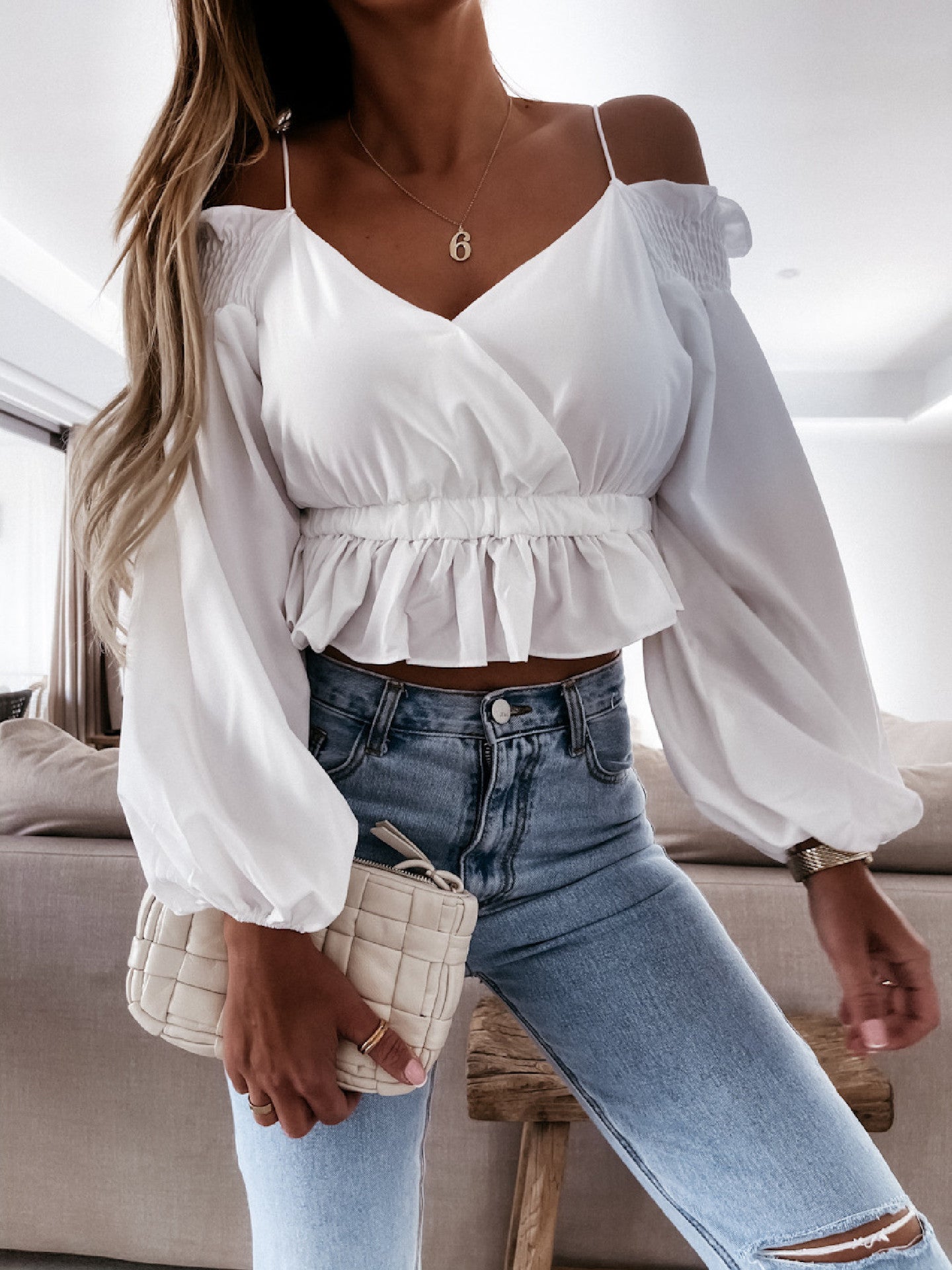 Haut élégant taille haute bretelle croisées