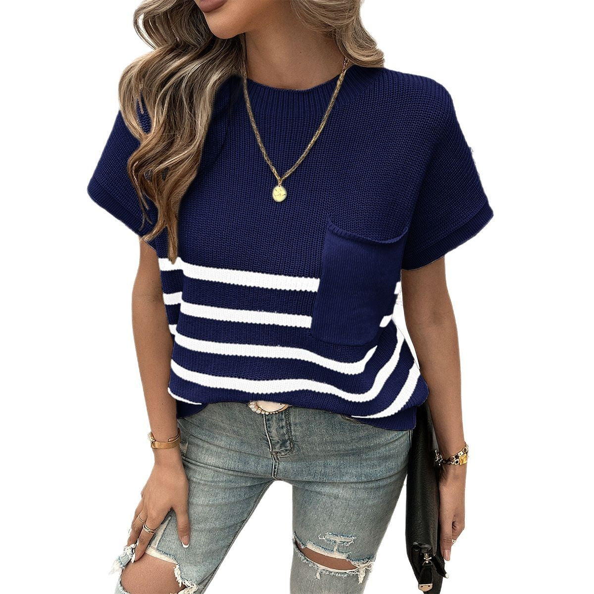 Pull à rayures imprimé avec poches et manches courtes pour femme